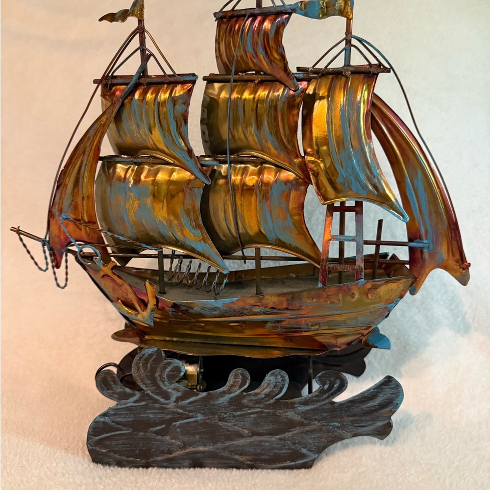 Vintage 1970 Musical/Motion Copper Tin Schooner Wind Up Ship